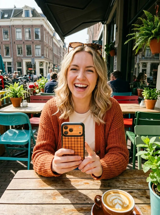 A cheerful outdoor streetstyle photo of a laughing blonde woman in an orange knit cardigan holding an orange plaid phone case at a European cafe table.