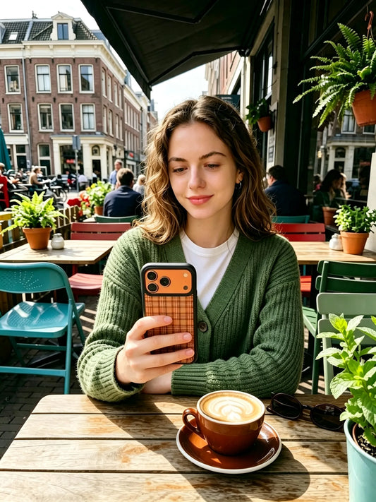 A cheerful outdoor streetstyle photo of a laughing blonde woman in an orange knit cardigan holding an orange plaid phone case at a European cafe table.