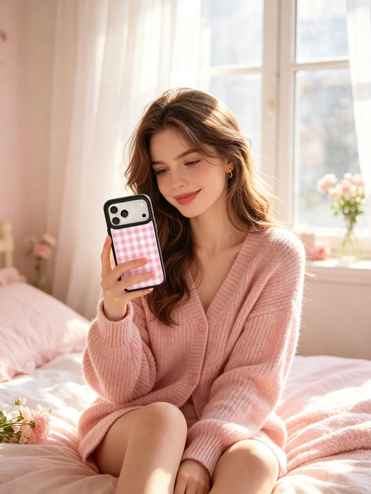 A soft cozy lifestyle photo of a smiling woman in a fluffy pink cardigan sitting on a sunlit bed, holding a sweet pink and white gingham plaid phone case.