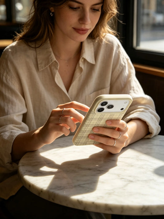 A cozy cafe lifestyle photo of a woman in a beige button-down shirt sitting at a marble table, using a phone with a vintage off-white checkered case.