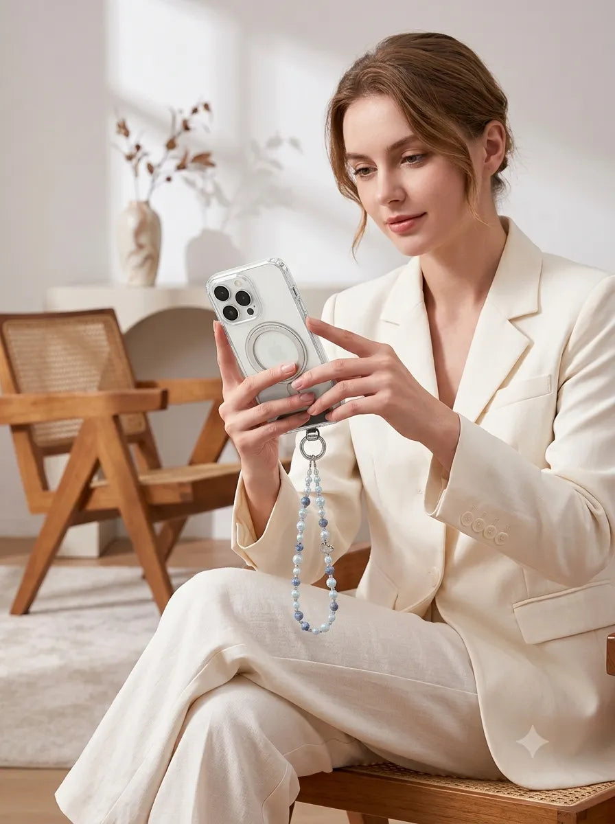 A professional chic lifestyle photo of a woman in a white blazer holding a magnetic phone with a dainty light blue crystal beaded phone charm attached.