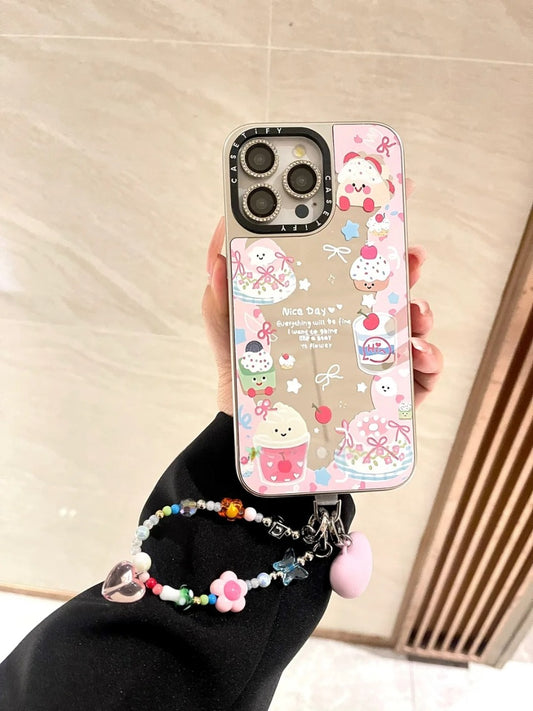 CasePoppi Y2K Candy Collage Phone Case with Mirror Finish, being held and decorated with matching colorful beaded charm, cute and unique tech accessory.