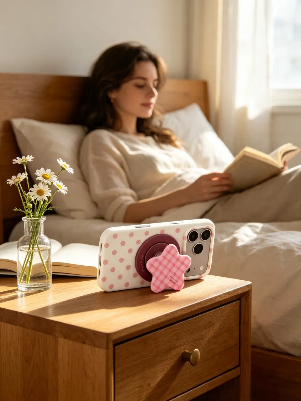 Pink polka dot phone case with magnetic stand on nightstand