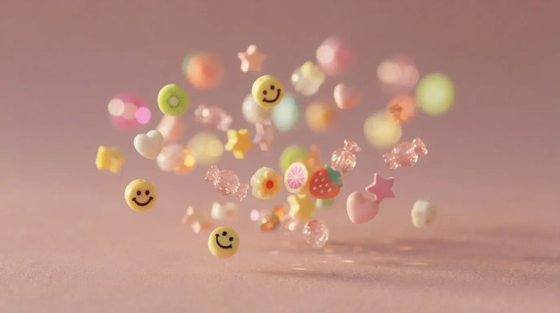 A dreamy, macro shot of floating Y2K pastel beads, smiley faces, and star charms against a soft pink background, capturing the essence of tiny joys by CasePoppi.