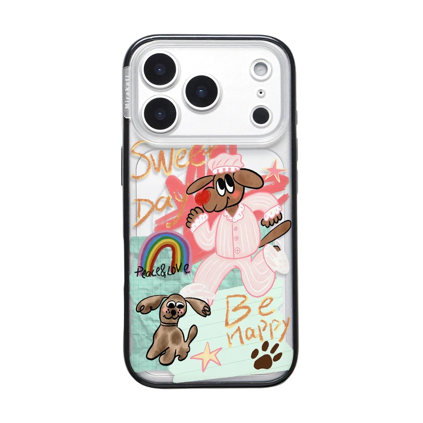 A vibrant iPhone case from CasePoppi featuring a collage design with a dog in pink pajamas, a rainbow, crumpled paper textures, and "Sweet Day" and "Be Happy" text.