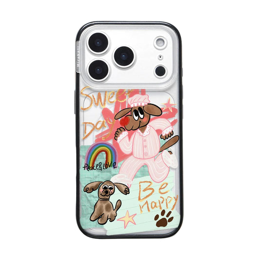 A vibrant iPhone case from CasePoppi featuring a collage design with a dog in pink pajamas, a rainbow, crumpled paper textures, and "Sweet Day" and "Be Happy" text.