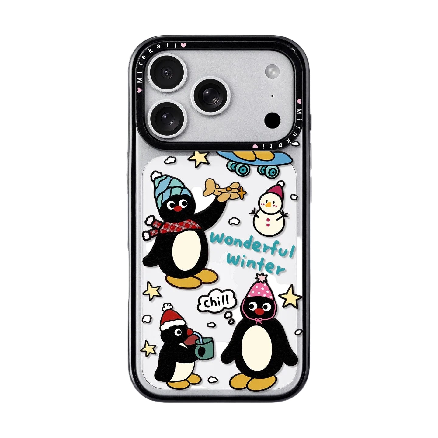 A clear iPhone case from CasePoppi featuring cute penguin characters wearing scarves and beanies with a snowman and "Wonderful Winter" text.