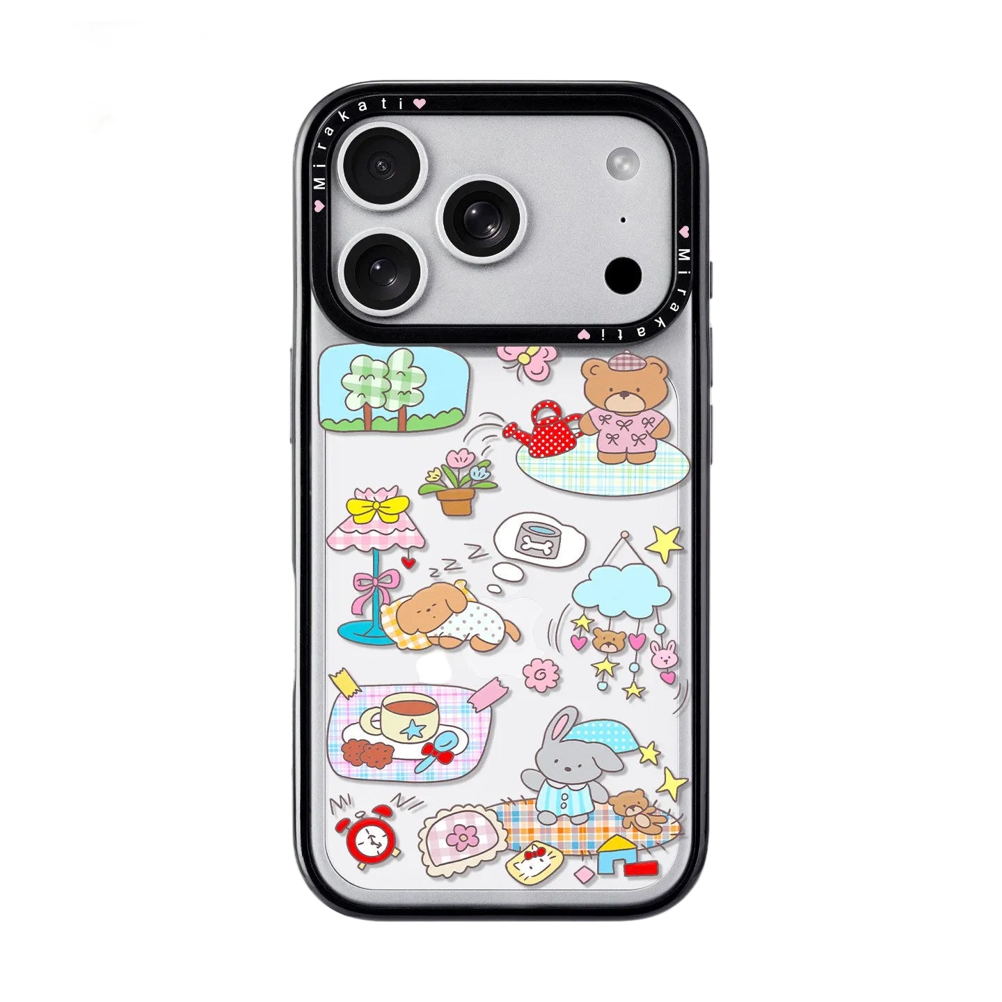 A whimsical clear iPhone case from CasePoppi featuring various "sticker-style" illustrations of a bear gardening, a sleeping puppy, a bunny in pajamas, and tea time elements.