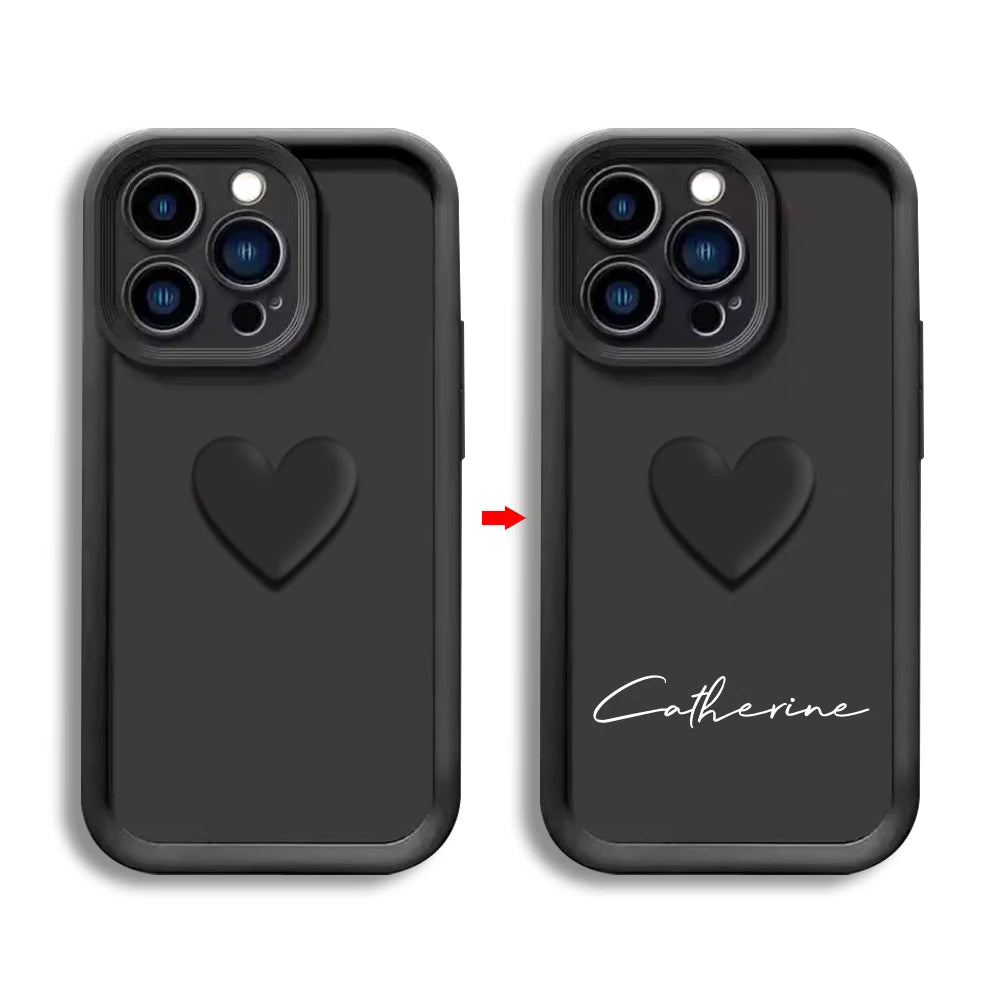 Elegant black CasePoppi phone case with a raised 3D heart design and customizable name option.