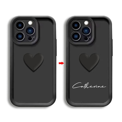 Elegant black CasePoppi phone case with a raised 3D heart design and customizable name option.