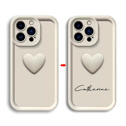 CasePoppi personalized cream phone case featuring a 3D matte heart and custom cursive name signature.
