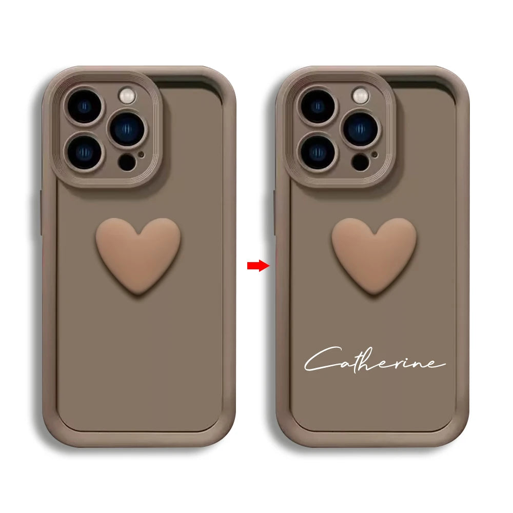 Mocha brown CasePoppi custom phone case featuring a 3D heart and personalized name for a premium look.