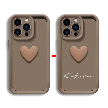Mocha brown CasePoppi custom phone case featuring a 3D heart and personalized name for a premium look.