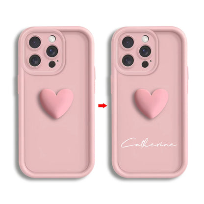 Soft pink aesthetic phone case from CasePoppi with a cute 3D heart and custom signature text.