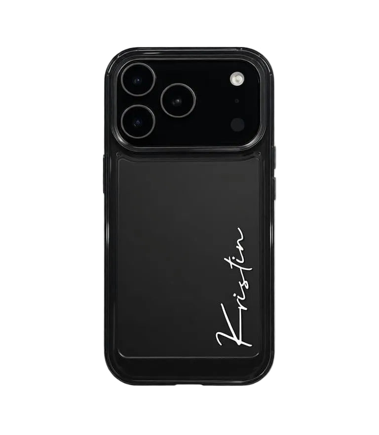 All-black CasePoppi custom phone case featuring a personalized name in elegant white script.