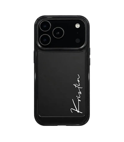 All-black CasePoppi custom phone case featuring a personalized name in elegant white script.