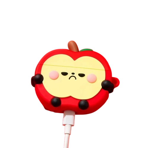 Front charging view of CasePoppi Red Apple AirPods Case, showing the precise cutout for the Lightning charging cable.