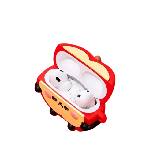 Angled open view of CasePoppi Red Apple AirPods Case, showing the interior with AirPods in place and the grumpy 3D face detail.