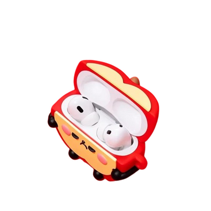 Angled open view of CasePoppi Red Apple AirPods Case, showing the interior with AirPods in place and the grumpy 3D face detail.