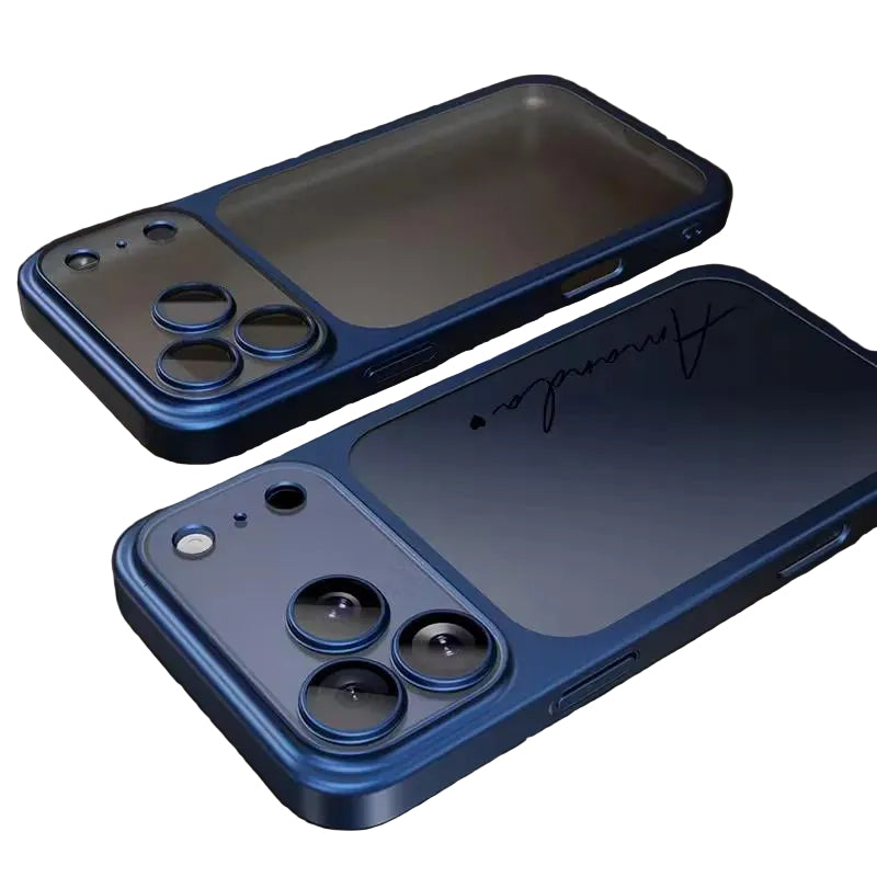 Professional lifestyle photography of CasePoppi blue metallic phone cases with personalized signature options.