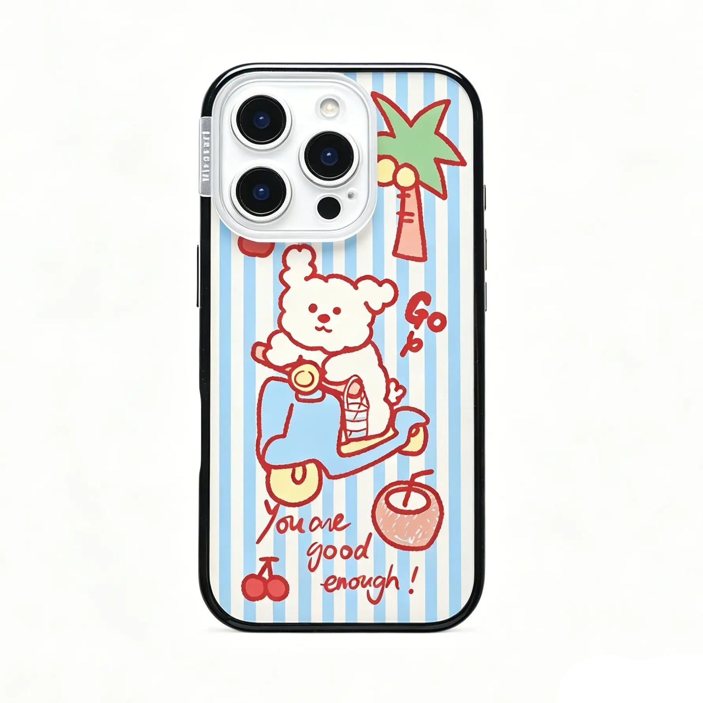 Full back view of the CasePoppi Blue Stripe Scooter Puppy phone case showcasing the complete striped pattern design.