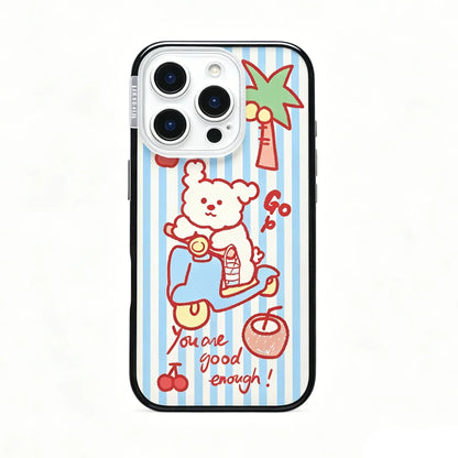 Full back view of the CasePoppi Blue Stripe Scooter Puppy phone case showcasing the complete striped pattern design.