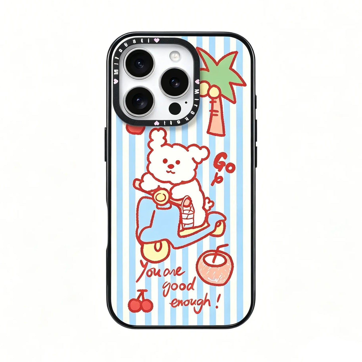 Close-up detail of the CasePoppi phone case featuring a high-quality illustration of a puppy riding a blue scooter.