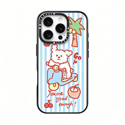 Close-up detail of the CasePoppi phone case featuring a high-quality illustration of a puppy riding a blue scooter.