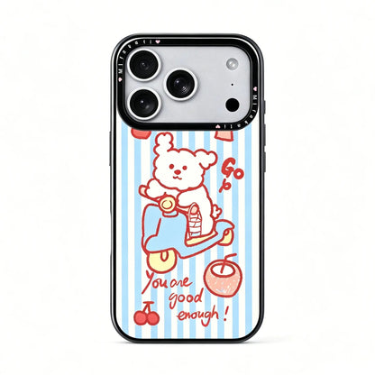 Side view of the CasePoppi Blue Stripe Scooter Puppy phone case inside its brand retail box with hanging tag.