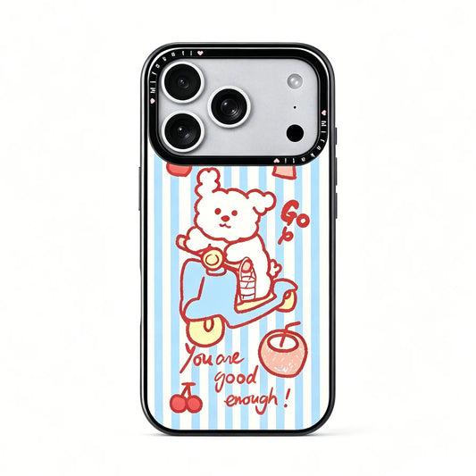 Side view of the CasePoppi Blue Stripe Scooter Puppy phone case inside its brand retail box with hanging tag.