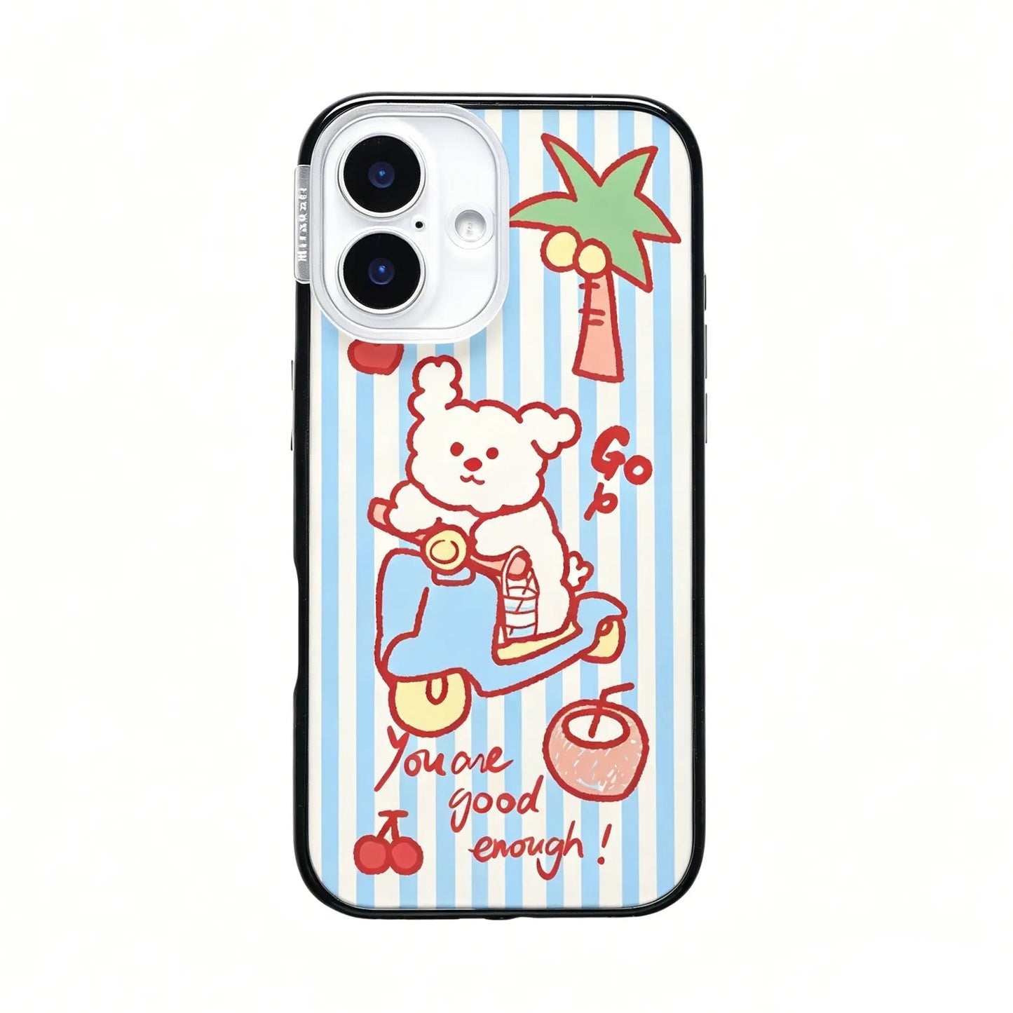 CasePoppi aesthetic phone case featuring a cute puppy on a blue scooter with a blue and white striped background.