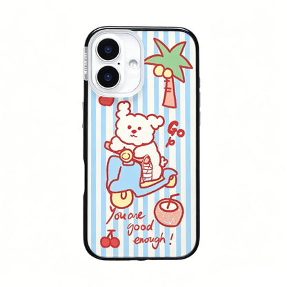 CasePoppi aesthetic phone case featuring a cute puppy on a blue scooter with a blue and white striped background.