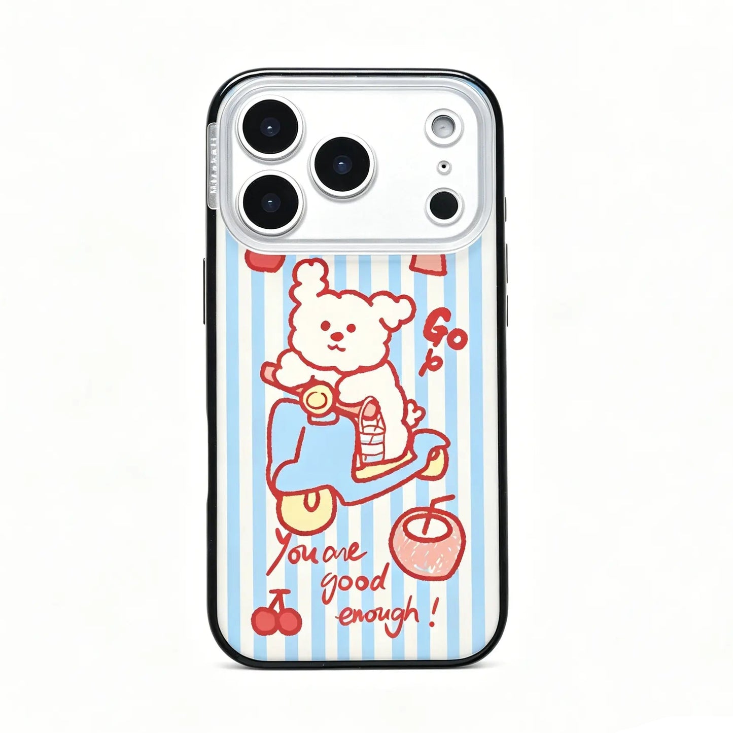 Side angle view of the CasePoppi Blue Stripe Scooter Puppy phone case showing the protective edges and camera ring.