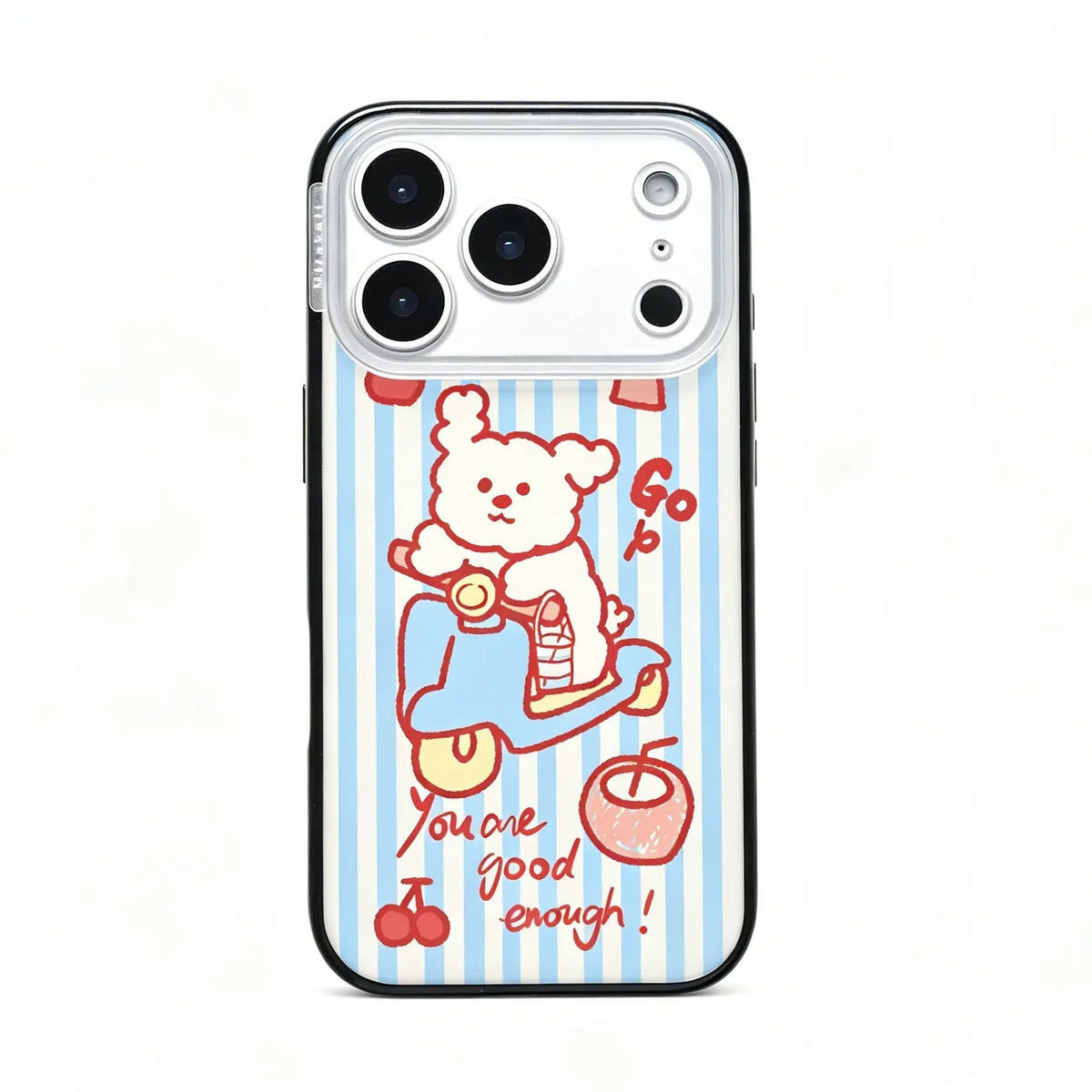 Side angle view of the CasePoppi Blue Stripe Scooter Puppy phone case showing the protective edges and camera ring.