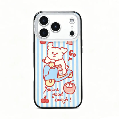 Side angle view of the CasePoppi Blue Stripe Scooter Puppy phone case showing the protective edges and camera ring.