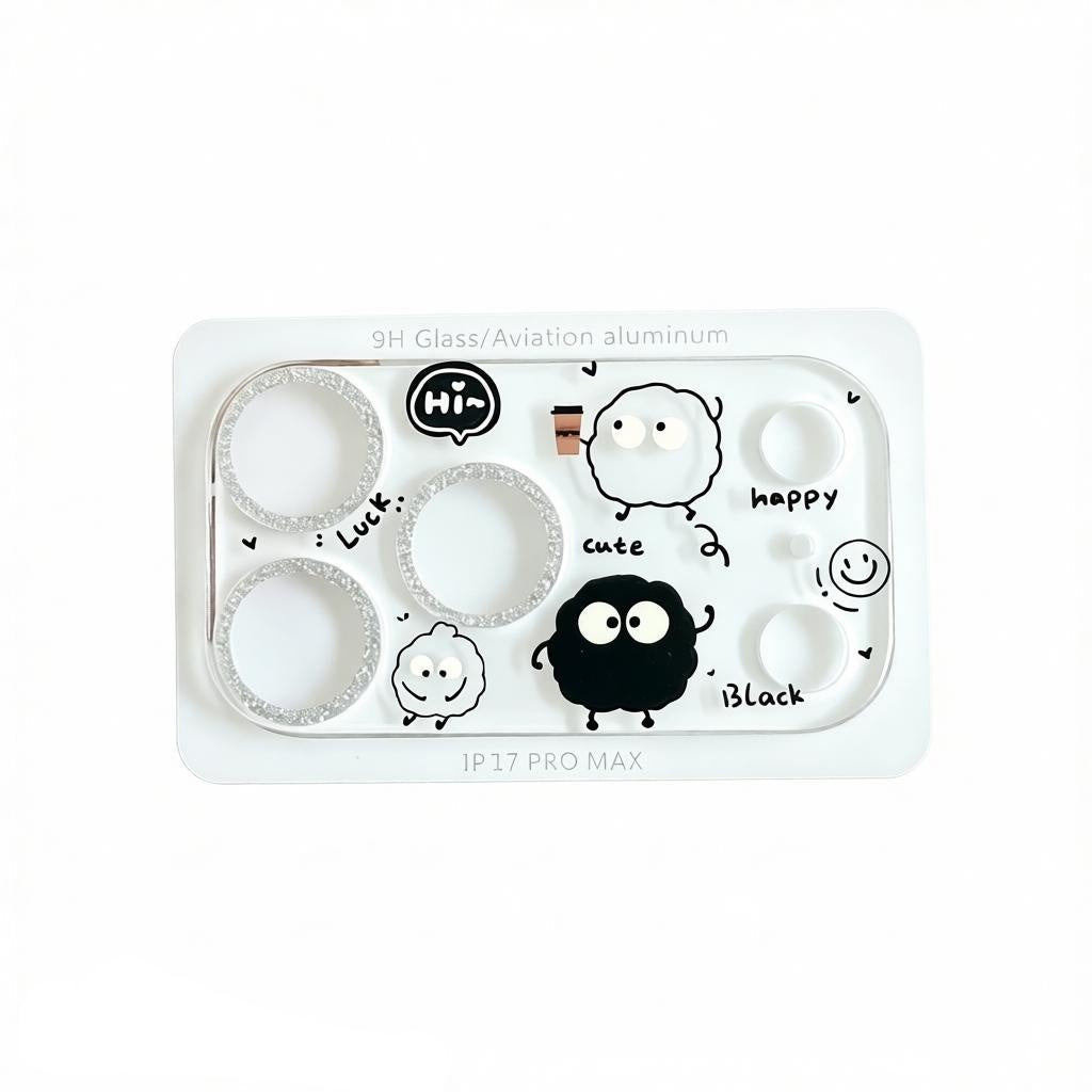CasePoppi camera lens protector featuring cute black soot sprite characters and doodles.