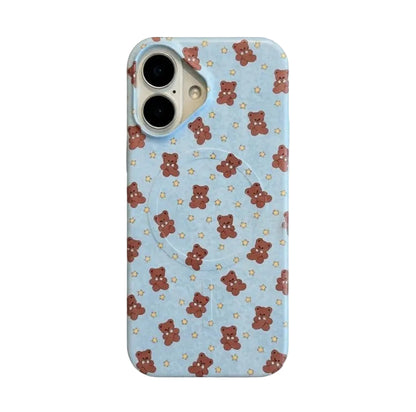 CasePoppi camera lens protector featuring a cute brown teddy bear with a blue ribbon on a creamy blueberry themed background.