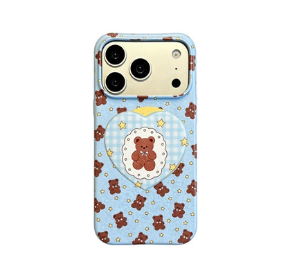 CasePoppi camera lens protector with a blue and white checkered pattern and a small teddy bear illustration.