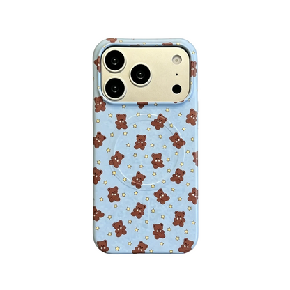 CasePoppi aesthetic camera lens protector featuring a blue gingham bow and a sweet teddy bear character.