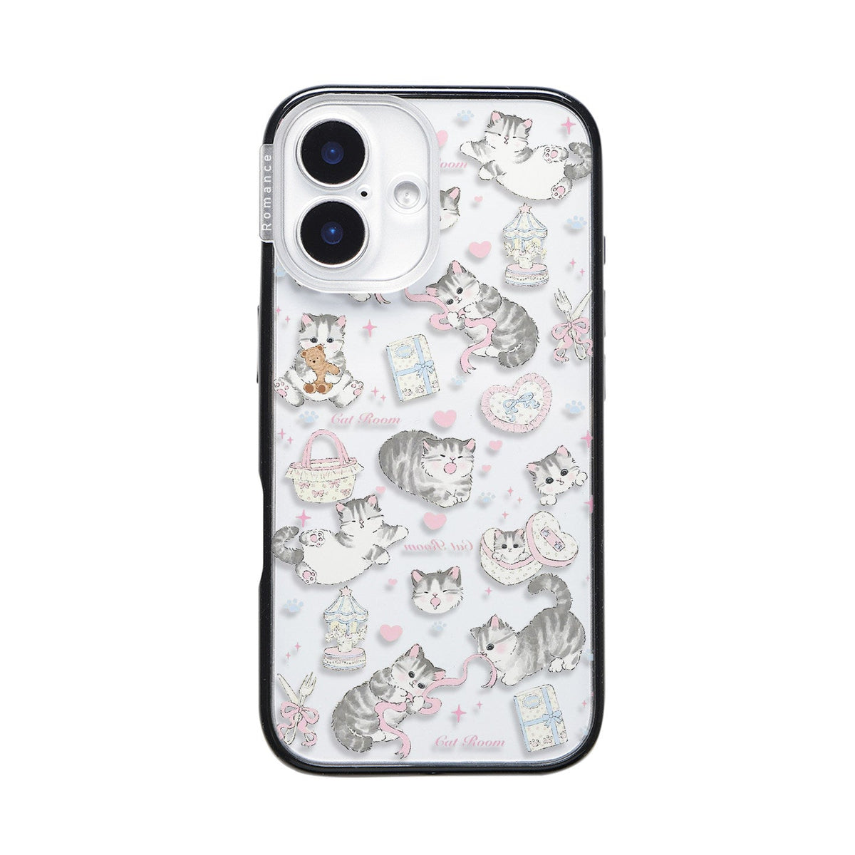 CasePoppi camera lens protector featuring playful cat doodles and pink ribbon patterns.