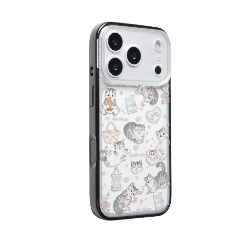 CasePoppi camera lens protector with a cute white cat sitting in a pink ribbon basket.