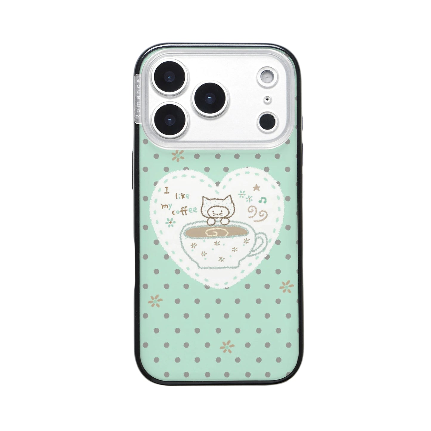 A mint green iPhone case with small grey polka dots, featuring a white lace heart and a cute kitten peeking out of a coffee cup with the text "I like my coffee".