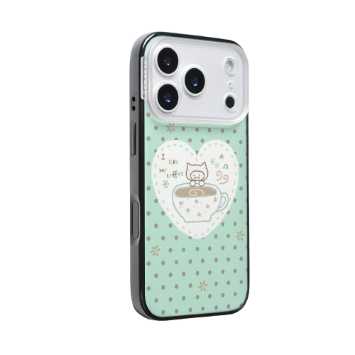 CasePoppi camera lens protector featuring a cute cat with a coffee latte and "Coffee Cat Morning" text.