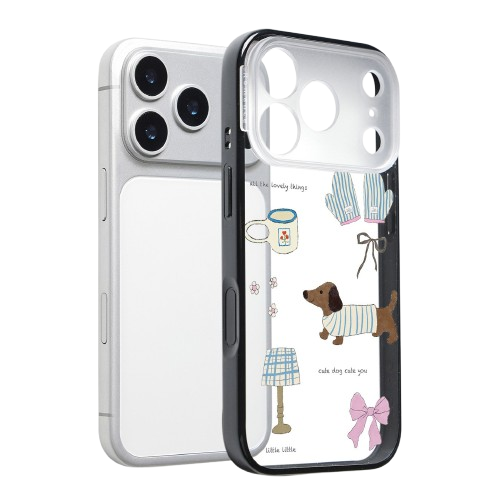 Lifestyle shot of a CasePoppi camera lens protector featuring a dachshund dog and warm aesthetic elements.