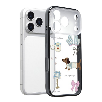 Lifestyle shot of a CasePoppi camera lens protector featuring a dachshund dog and warm aesthetic elements.