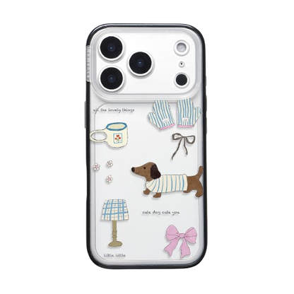 CasePoppi cozy home-themed camera lens protector featuring a dachshund dog and vintage lamp illustrations.