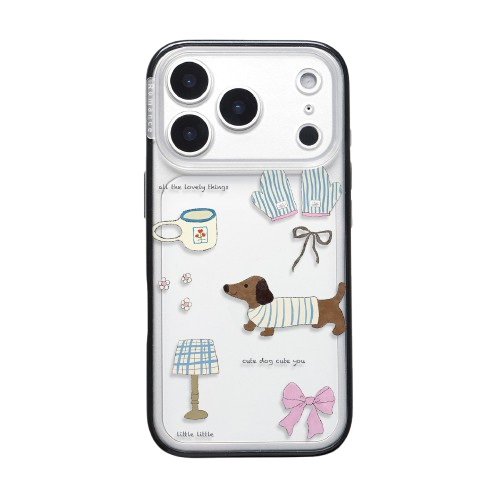 CasePoppi cozy home-themed camera lens protector featuring a dachshund dog and vintage lamp illustrations.
