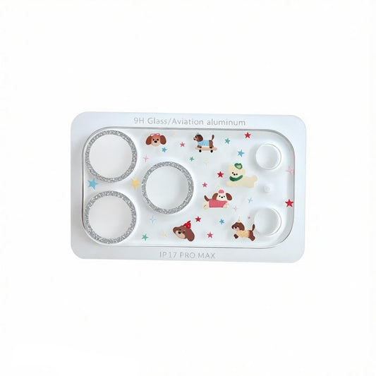 CasePoppi camera lens protector featuring cute colorful doodles and stars on a white background.