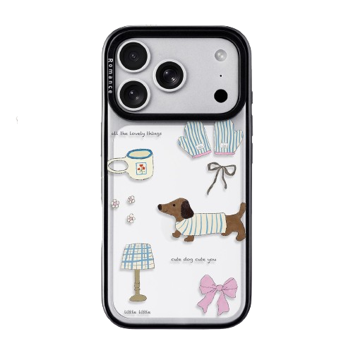 CasePoppi camera lens protector featuring a cute dachshund in a striped shirt with pink ribbons and cozy home icons.