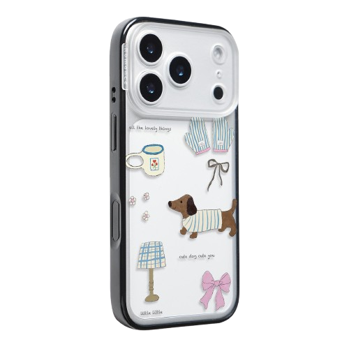 Side view of the CasePoppi camera lens protector with a cute dachshund and pink bow design.